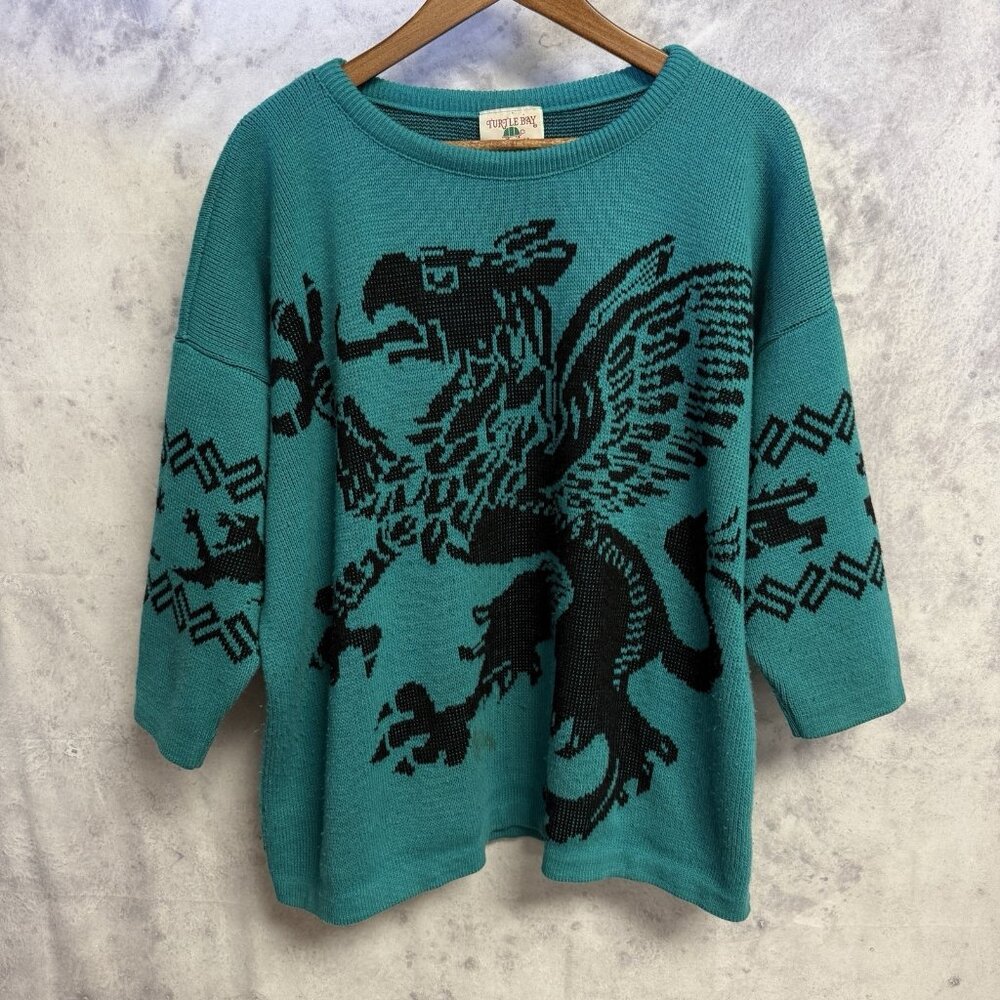 Vintage Turtle Bay Griffon Eagle Dragon Bird Vulture Sweater Teal Green L/XL